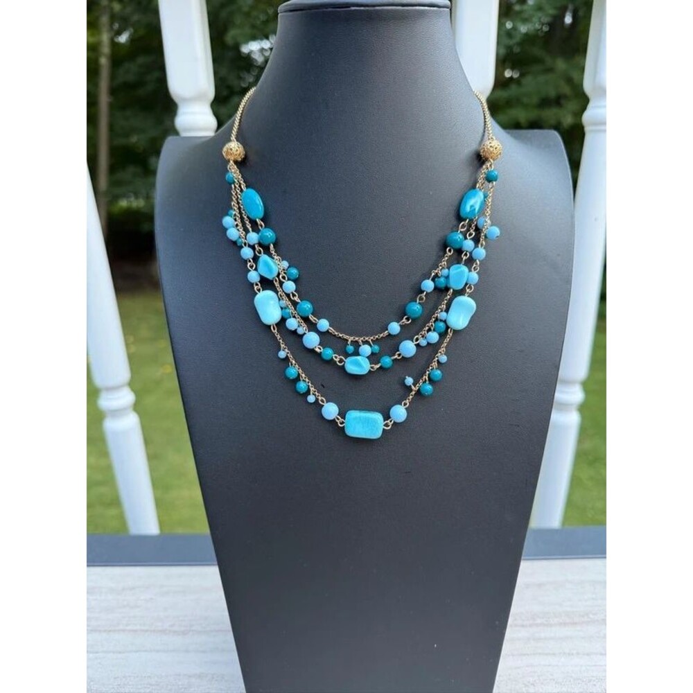 Vintage Avon signed faux turquoise multistrand Goldtone filagree bead necklace